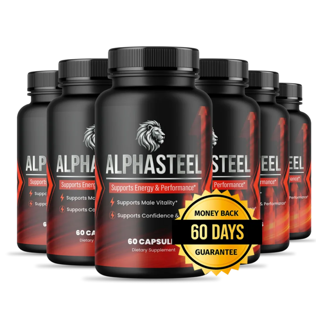 AlphaSteel male vitality supplement bottle promoting natural energy and testosterone support