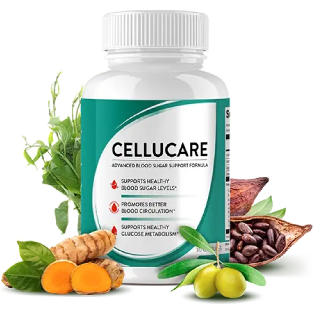 CelluCare blood sugar support dietary supplement bottle with natural botanical ingredients