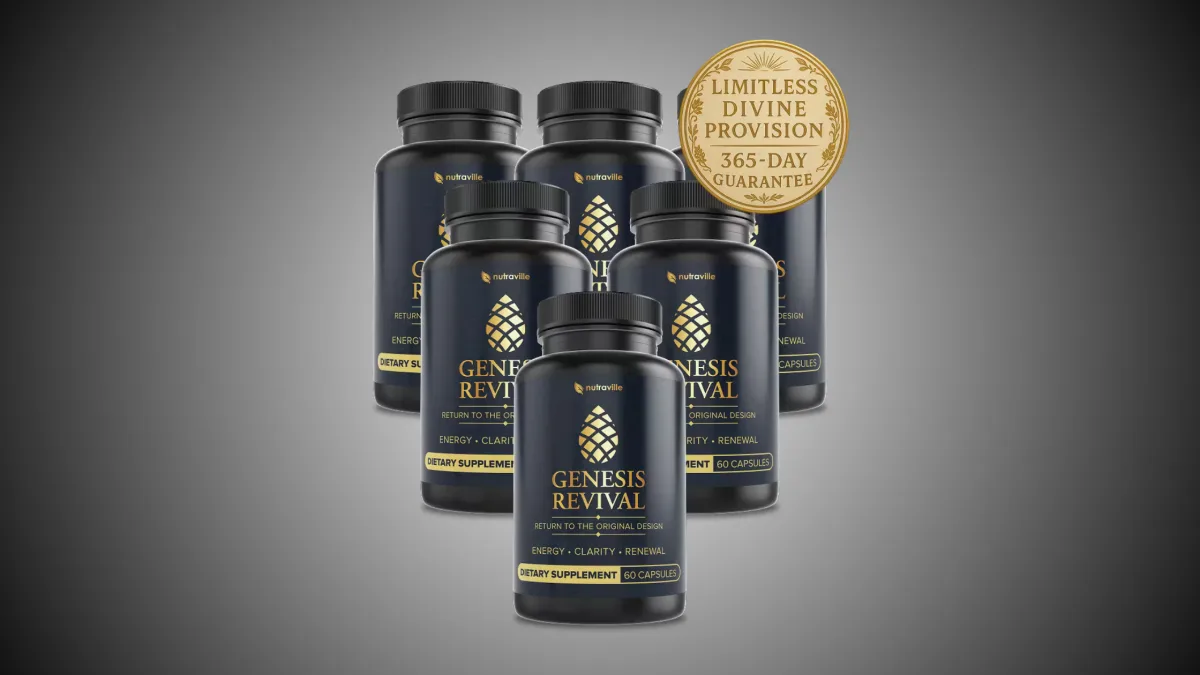 Genesis Revival brain health supplement bottle featuring natural ingredients for pineal gland decalcification and cognitive support
