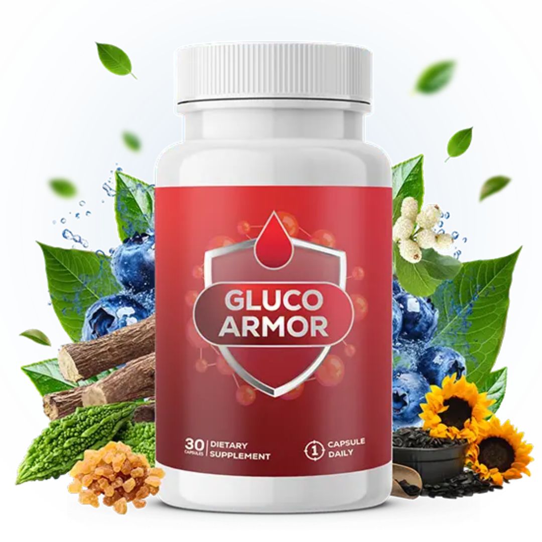 Gluco Armor blood sugar support supplement bottle showing natural formula benefits