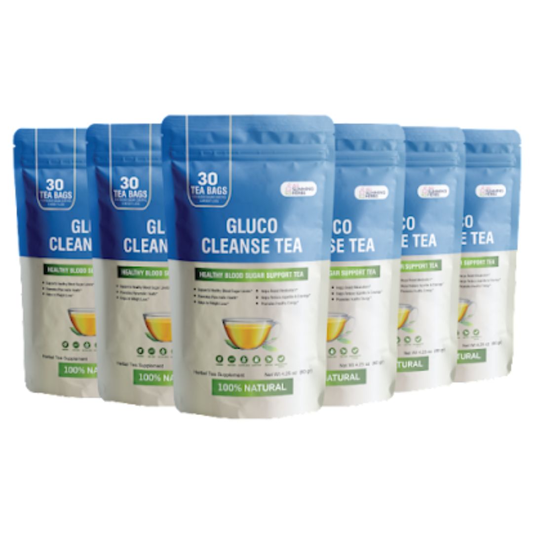 Gluco Cleanse Tea bag and prepared cup for natural blood sugar support