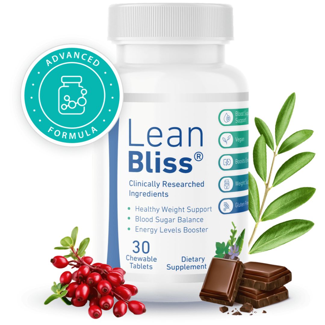 LeanBliss chocolate-flavored weight loss chewable supplement bottle and ingredients